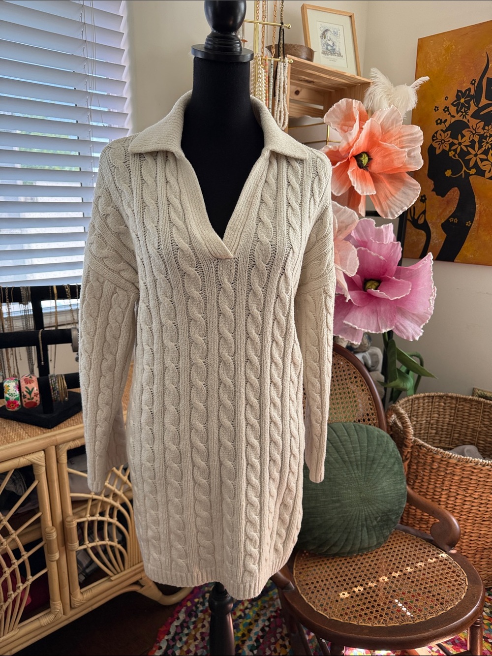 Abercrombie & Fitch Cream Fisherman Cable Knit Long Sleeve Mini Sweater Dress